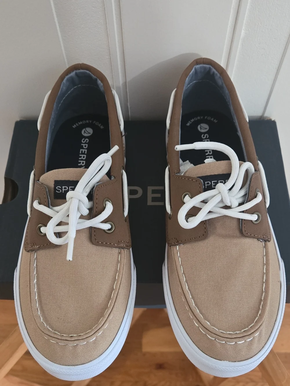 Sperry Boys’s Beige and Brown Canvas Boat Shoe with White Laces